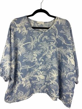 Zest 100% Linen Blue Botanical Print Oversized Top Size 8 Coastal Tropical
